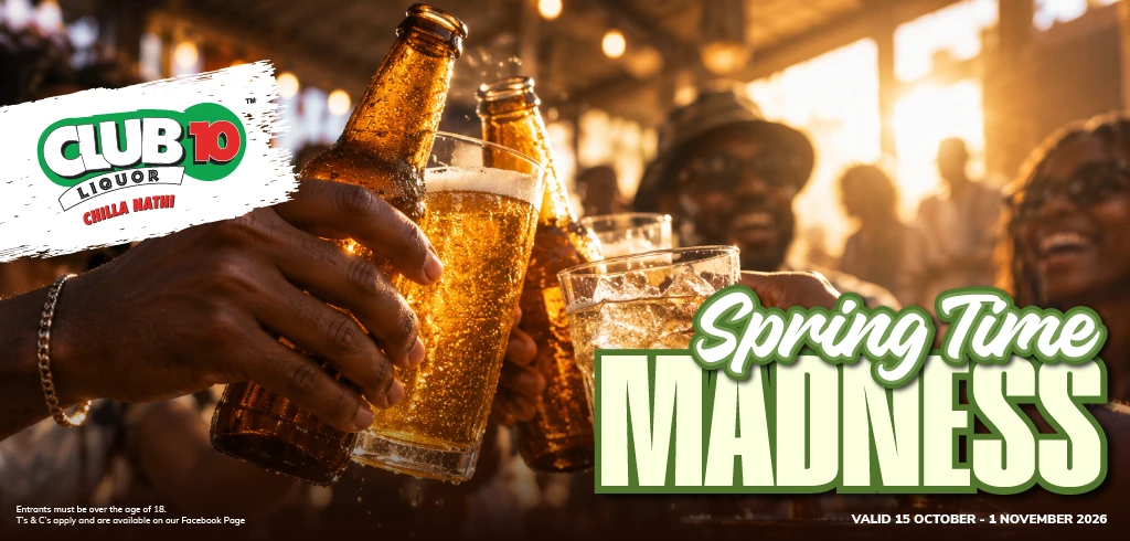 Friends toasting with beers and spirits to celebrate the Club 10 Liquor Spring Time Madness promotion.